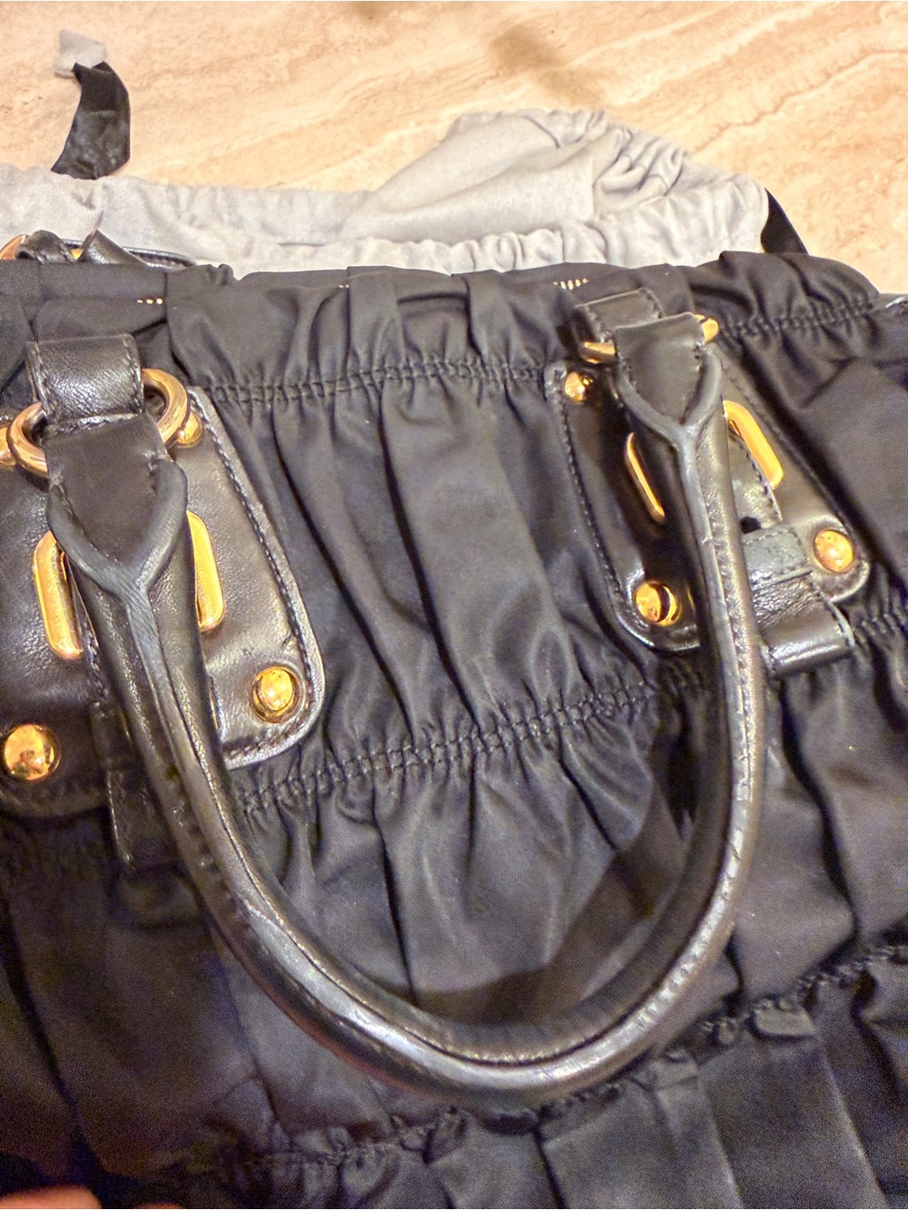 AUTHENTIC Prada Tessuto Black Nylon Ruched Shoulder Bag with Gold Hardware - Picture 15 of 16